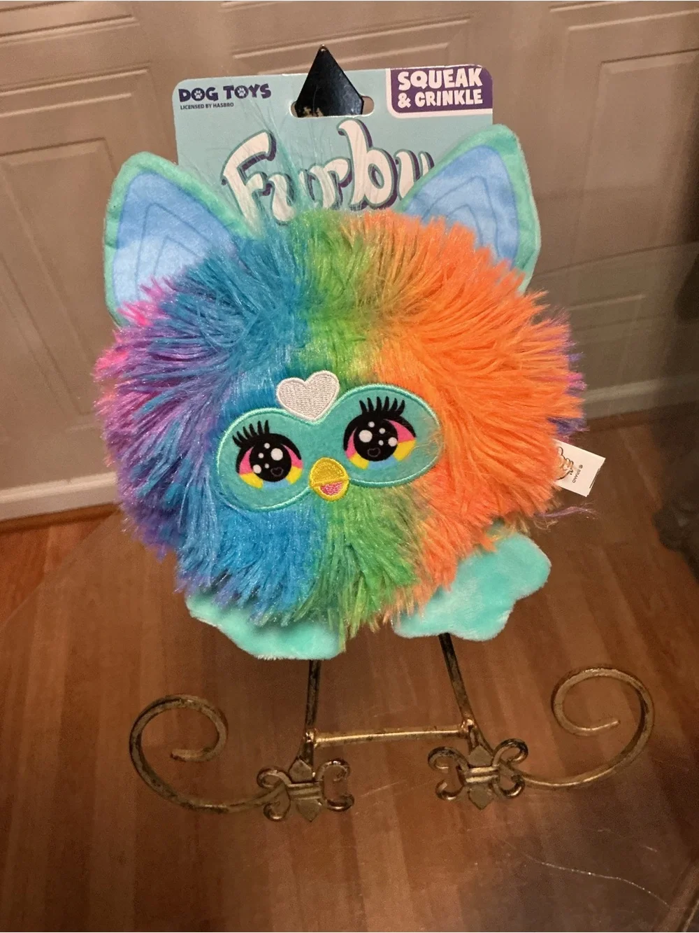 Furby Dog Toy Rainbow Plush Squeak & Crinkle | Colorful Pet Toy | 8”